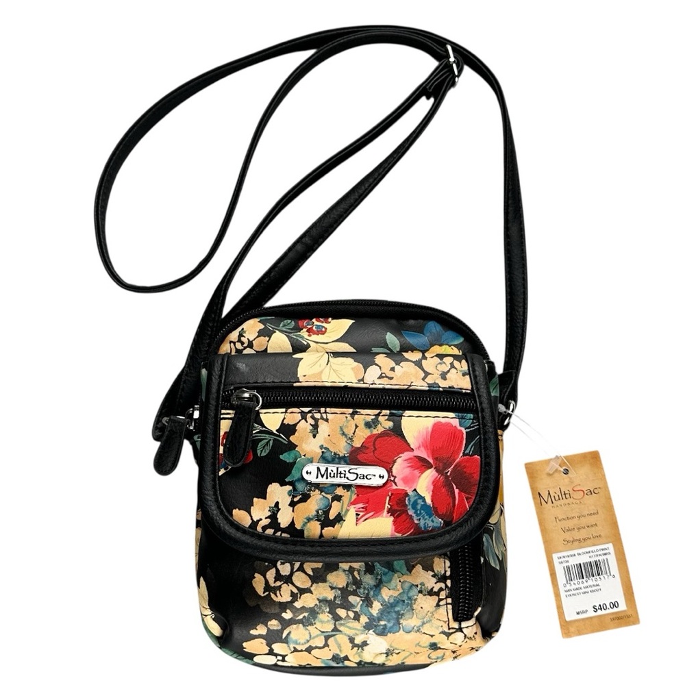 MultiSac Black Floral Crossbody Bag Purse With Adjustable Strap - Picture 2 of 9